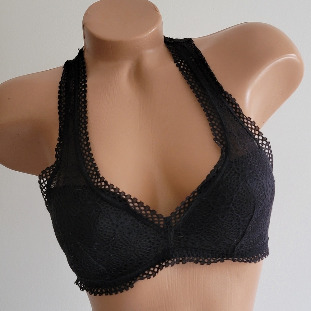 Lace Racerback Bralette Black Lighly Padded Size Small Halter